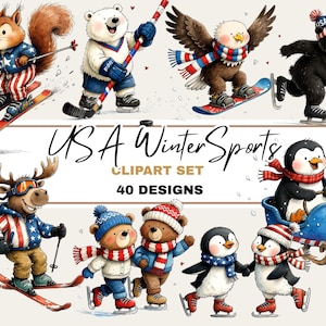 Op de afbeelding: Een digitale clipartset getiteld "USA Winter Sports" met 40 ontwerpen. De illustraties tonen verschillende dieren, waaronder een eekhoorn, een beer, een adelaar, een eland en pinguïns, die wintersporten beoefenen zoals skiën, schaatsen en snowboarden, allemaal met patriottische thema's.