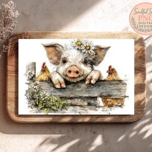 May include: Watercolor illustration of a pig wearing a daisy crown, peering over a wooden fence. Two chickens are on either side of the fence. The image has a rustic, farm-like theme. The text "Soulful Stash PNG DIGITAL DESIGN" is in the upper right corner.