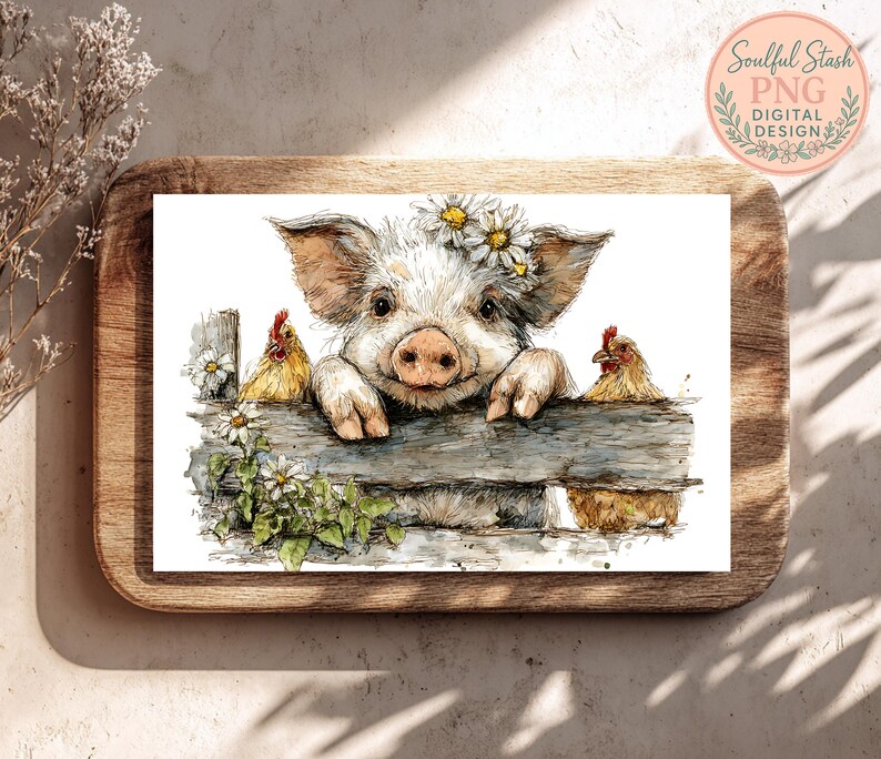 May include: Watercolor illustration of a pig wearing a daisy crown, peering over a wooden fence. Two chickens are on either side of the fence. The image has a rustic, farm-like theme. The text "Soulful Stash PNG DIGITAL DESIGN" is in the upper right corner.