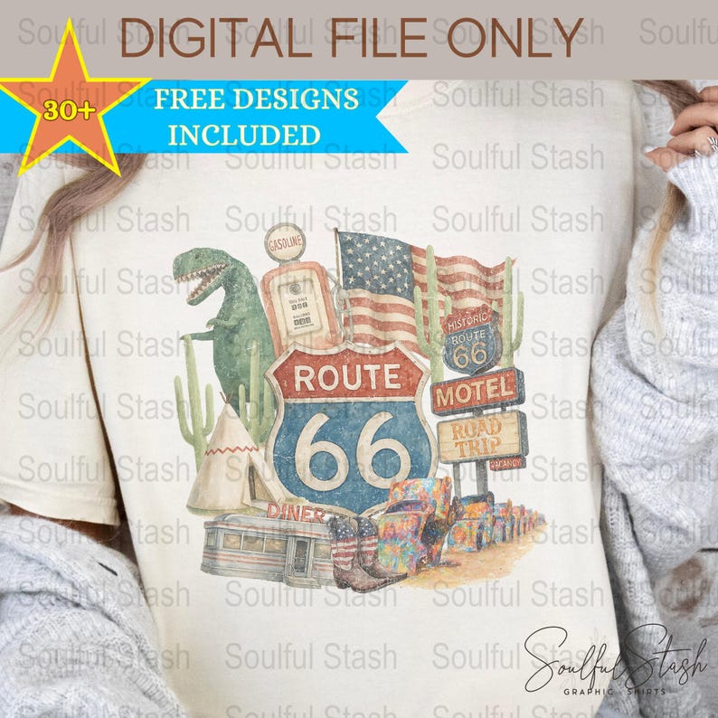 Route 66 Vintage Americana Art Print, Retro Dinosaur Motel Road Trip Illustration, Digital File