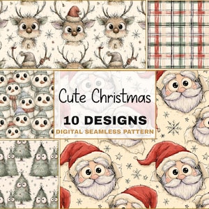 May include: A digital seamless pattern collection featuring 10 designs with illustrations of reindeer, snowmen, Christmas trees, and Santa Claus faces, alongside a red, green, and white plaid pattern, with the text Cute Christmas 10 DESIGNS.
