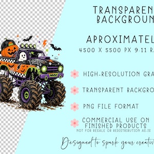 The image is a Halloween-themed graphic with a monster truck and a jack-o-lantern.