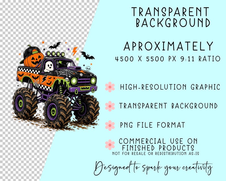 The image is a Halloween-themed graphic with a monster truck and a jack-o-lantern.