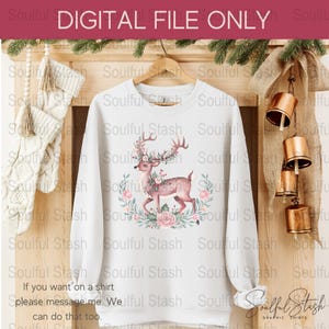 Cute Reindeer PNG Design, Christmas Gift Idea, Pretty Pink Deer Art, Trendy Shirt Graphic, CoquetteDesign, Winter Floral Illustration