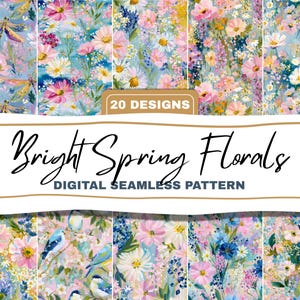 Pode incluir: Uma coleção de padrões digitais sem costura intitulada "Bright Spring Florals" com 20 designs. Os padrões apresentam arranjos florais coloridos com flores rosa, brancas e amarelas, juntamente com libélulas e pássaros, em um fundo azul claro.