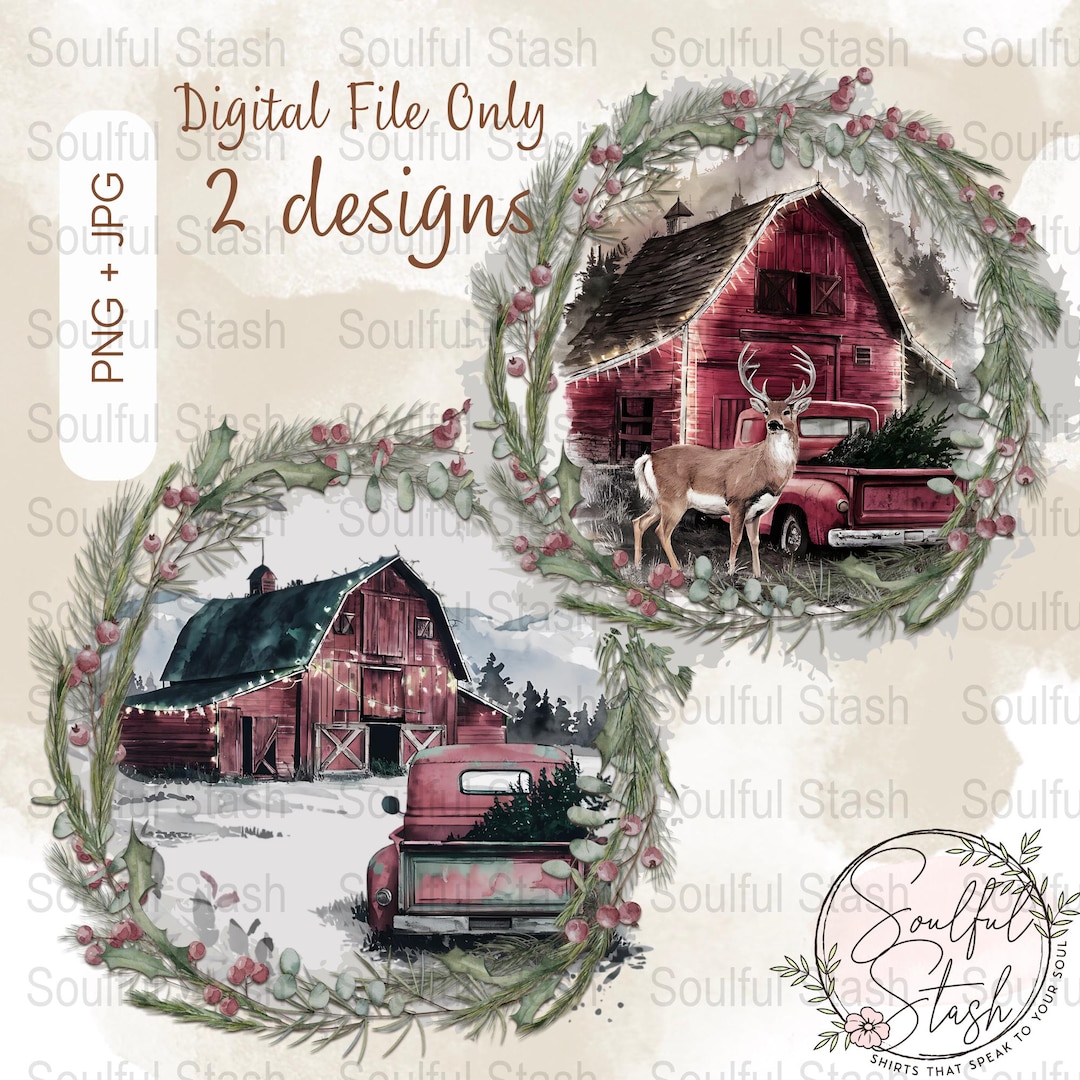 2 Designs Rustic Christmas Barn and Deer Print, Vintage Red Truck ...