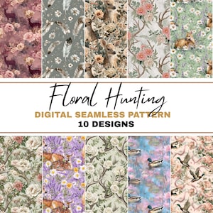 Op de afbeelding: Een verzameling van tien digitale naadloze patronen met bloemen- en wildthema's. De patronen bevatten herten, bloemen, veren en eenden in verschillende kleurenpaletten, waaronder roze, groen en paars. De tekst "Floral Hunting" en "10 Designs" worden weergegeven.