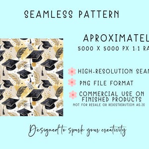 The image is a seamless pattern featuring a graduation cap design with a graduation gown and leaves. The pattern is approximately 5000 X 5000 PX 1:1 ratio, and it is described as a high-resolution seamless, a commercial-use format, and not for resale or distribution as a final product. The image is designed to spark creativity.
