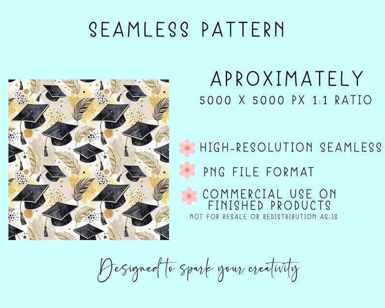 The image is a seamless pattern featuring a graduation cap design with a graduation gown and leaves. The pattern is approximately 5000 X 5000 PX 1:1 ratio, and it is described as a high-resolution seamless, a commercial-use format, and not for resale or distribution as a final product. The image is designed to spark creativity.