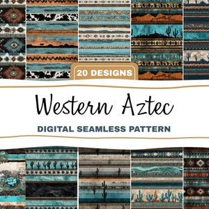 Aztec Southwest Seamless Pattern Bundle Western Cactus, Cowhide Trible Digital Download