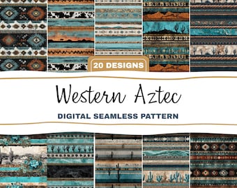 Aztec Southwest Seamless Pattern Bundle Western Cactus, Cowhide Trible Digital Download