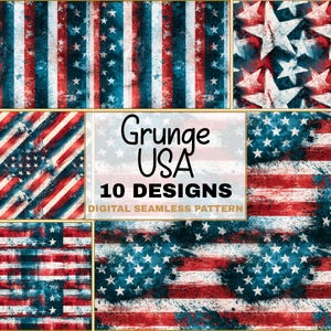 Puede incluir: Diez patrones digitales sin costuras con un tema Grunge USA. Los diseños presentan motivos de la bandera estadounidense desgastados en rojo, blanco y azul, incluyendo estrellas y rayas. Adecuado para aplicaciones digitales. El texto dice "Grunge USA 10 Designs Digital Seamless Pattern".
