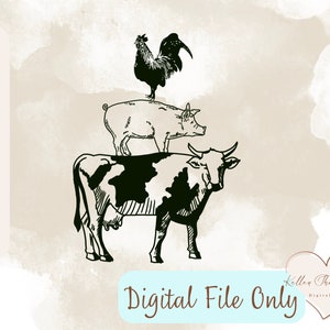 Peut inclure: Illustration en noir et blanc d'une vache, d'un cochon et d'un coq empilés les uns sur les autres. La vache est en bas, le cochon au milieu et le coq en haut. L'image est sur un fond brun clair avec un effet aquarelle.