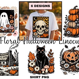 Può includere: Sono presentati sei disegni di linoleografia a tema Halloween. I disegni includono un fantasma, zucche impilate, una casa, un gatto nero, una lanterna e un teschio. I disegni sono circondati da elementi floreali. Il testo recita "Floral Halloween Linocut" e "SHIRT PNG".