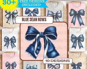 Denim Blue Bow Bundle, Western Cowgirl PNG, Coquette Digital Download, Sublimation Design, Gift Idea, Worn Blue Jean Shirt Graphic
