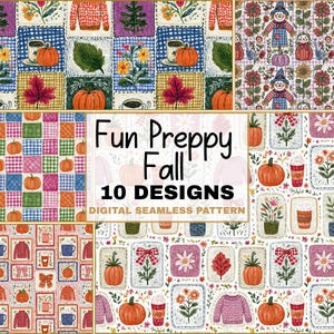 May include: A digital seamless pattern with a fall theme. The design includes pumpkins, leaves, sweaters, and coffee cups. The text "Fun Preppy Fall" and "10 Designs" is also visible.