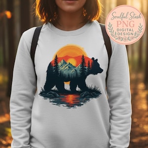Wild Bear Landscape PNG, Sublimation Hiking Artwork, Mountain Sunset Digital Print, Nature Adventure Clipart, Forest Animal Illustration