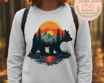 Wild Bear Landscape PNG, Sublimation Hiking Artwork, Mountain Sunset Digital Print, Nature Adventure Clipart, Forest Animal Illustration