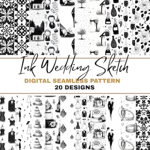 Black & White Ink Sketch Wedding  PNG Seamless Bundle , Pattern Print, Hand Drawn Floral Clipart, Elegant Line Art Design, Digital Download