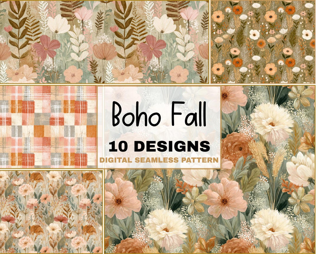 Boho Cottagecore Fall Floral Seamless Pattern Bundle Soft Neutral ...