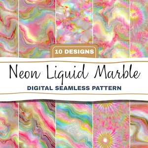 Neon Liquid Marble Seamless Pattern Bundle Iridescent Swirls Glitter Digital Download