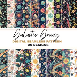 以下が含まれることがあります： 宇宙をテーマにした20種類のデジタルシームレスパターンのコレクション。惑星、エイリアン、虹、キノコ、その他のグルーヴィーなデザインが様々な色で表現されています。「Galactic Groovy」と「Digital Seamless Pattern」の文字も表示されています。