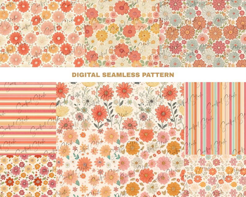 Retro Flowers PNG Seamless Bundle , Pattern Print, Floral Print, Groovy 70's Seamless, Flowered Seamless Pattern, Vintage Flower image 2