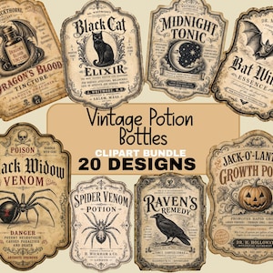 Könnte beinhalten: Ein digitales Clipart-Paket mit 20 Etiketten für Vintage-Zaubertrankflaschen mit gealterten Papiertexturen. Die Designs umfassen Dragon's Blood, Black Cat Elixir, Midnight Tonic, Bat Wing Essence, Black Widow Venom, Spider Venom, Raven's Remedy und Jack-O-Lantern Growth Potion.