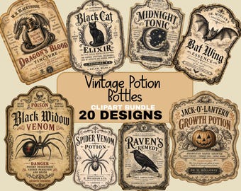Vintage Apothecary Potion Labels Bundle Antique Halloween Remedies, Poisons, and Victorian Pharmacy Ephemera Digital Download