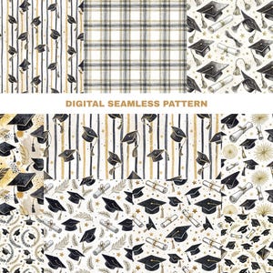 a collection of six different graduation cap and mortarboard patterns, each with unique designs and motifs. The patterns include graduation caps, mortarboards, and graduation gowns, all rendered in a black and white color scheme. The images are arranged in a grid format, showcasing a variety of graduation-themed designs.