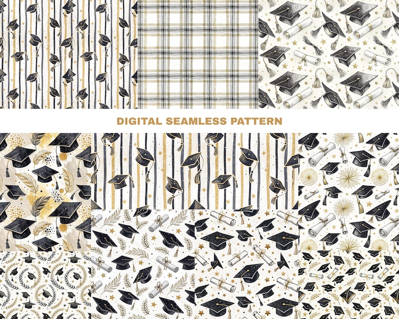 a collection of six different graduation cap and mortarboard patterns, each with unique designs and motifs. The patterns include graduation caps, mortarboards, and graduation gowns, all rendered in a black and white color scheme. The images are arranged in a grid format, showcasing a variety of graduation-themed designs.