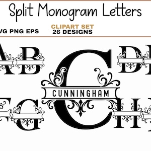 May include: A digital clipart set of black split monogram letters featuring ornate flourishes and a horizontal space for text. The image displays the letters A through I, with the letter C showcasing the name CUNNINGHAM in the centre gap.