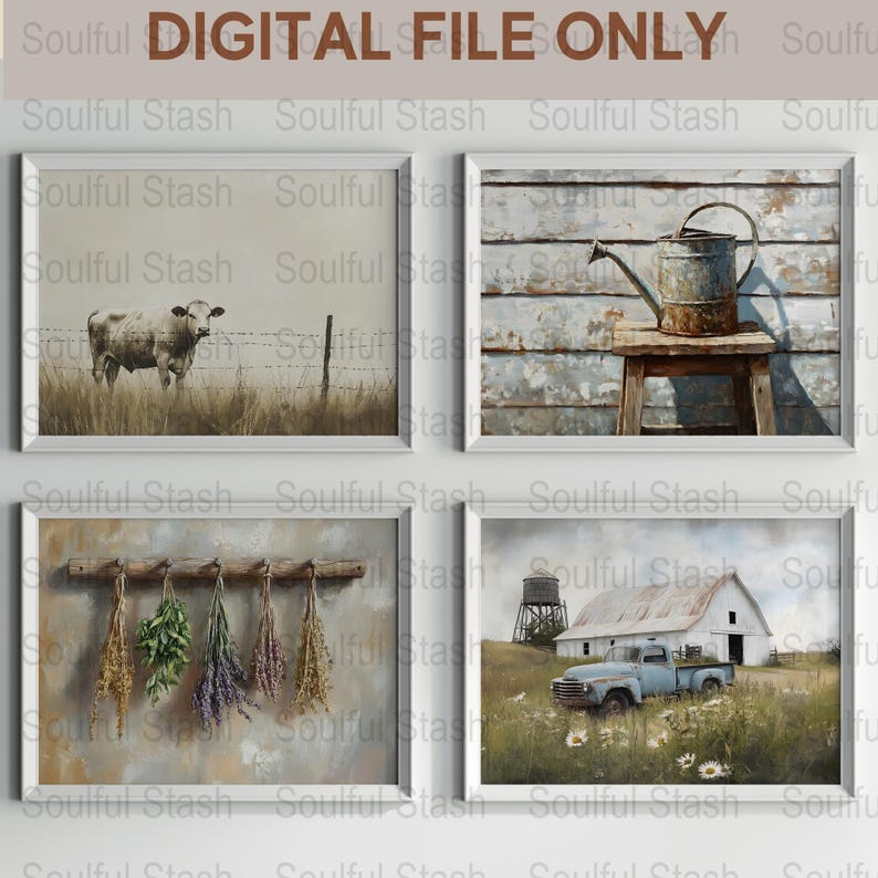 Rustic Farmhouse Digital Art Collection, Vintage Watering Can, Old Truck, Sheep, Printable Wall Decor Set
