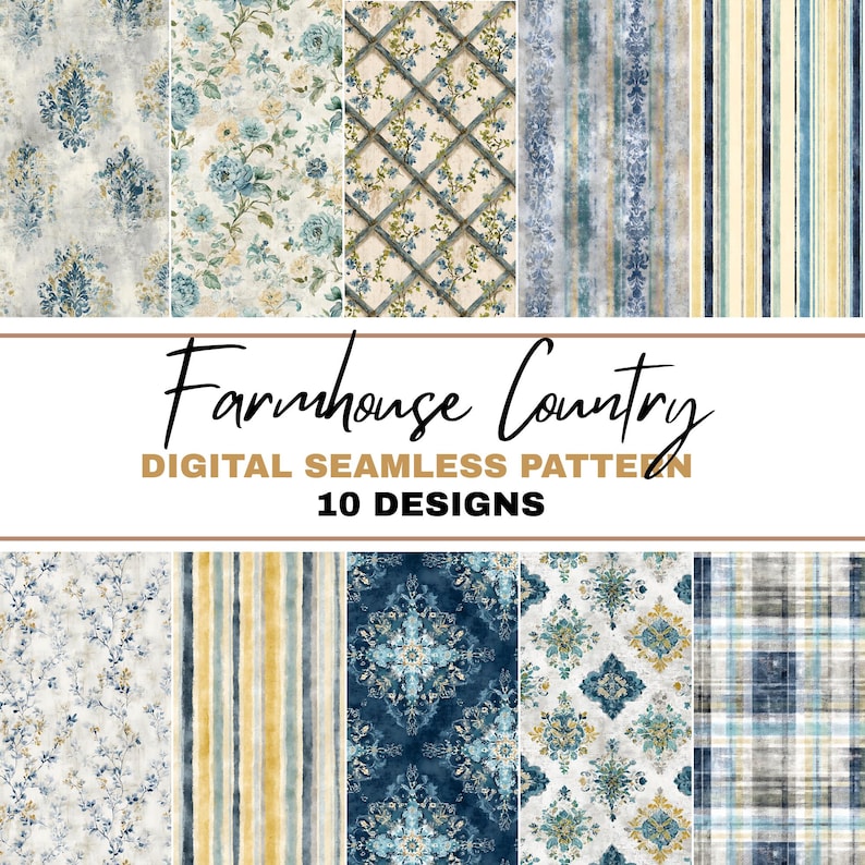 Contery Pattern Farmhouse Country Seamless Pattern Bundle With Muted Stripes, Plaids ...