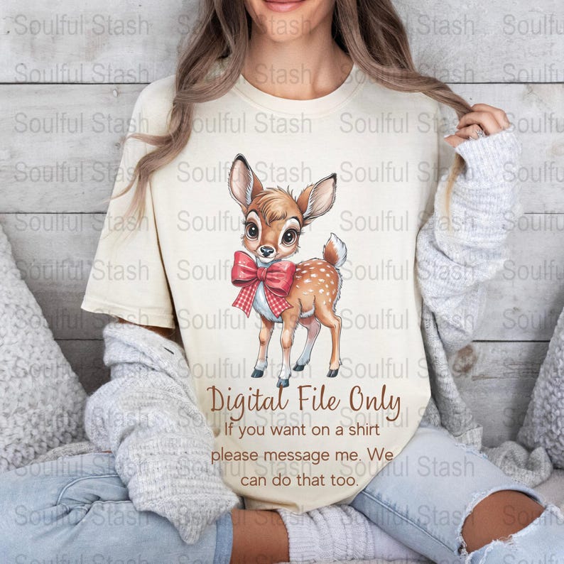 Cute Baby Deer With Red Bow Digital Download, Animal Illustration PNG