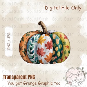 May include: A digital illustration of a patchwork pumpkin with a variety of fall-themed patterns, including leaves, branches, and floral designs. The pumpkin is painted in shades of orange, yellow, green, and red.