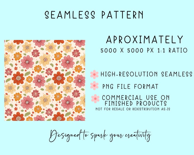 Retro Flowers PNG Seamless Bundle , Pattern Print, Floral Print, Groovy 70's Seamless, Flowered Seamless Pattern, Vintage Flower image 3
