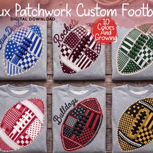 May include: Six grey crewneck sweatshirts each featuring a large faux patchwork football graphic. The footballs display various patterns including polka dots, stripes, and plaid in blue, maroon, green, red, black, and yellow colour schemes.