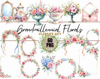 Grandmillennial botanical watercolor clipart bundle floral wedding illustrations Digital Download
