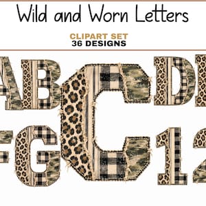 Paquete de imágenes prediseñadas de alfabeto desgastado y salvaje, letras y números PNG, letras de patchwork de cuadros de búfalo con estampado de camuflaje de leopardo, gráficos rústicos, descarga digital.