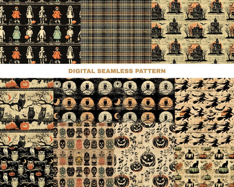 Vintage Halloween Seamless Pattern Bundle Retro Spooky Papers Digital ...