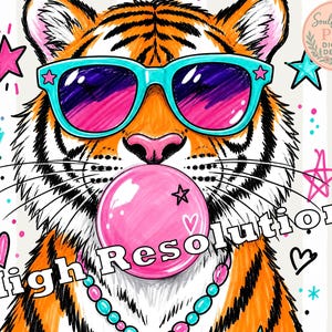 A colorful illustration of a tiger wearing sunglasses and holding a bubble gum bubble.