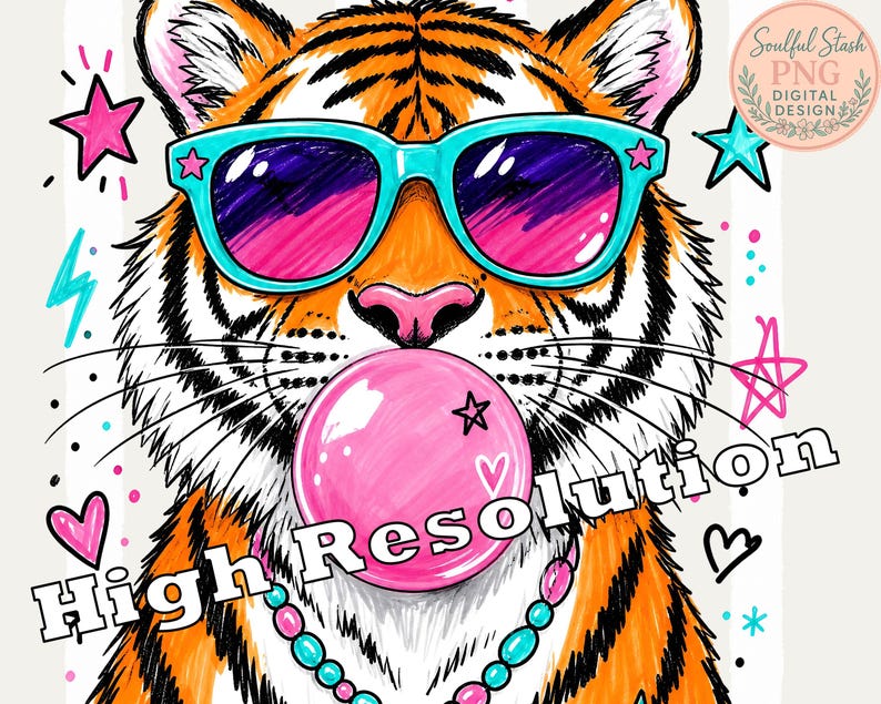 A colorful illustration of a tiger wearing sunglasses and holding a bubble gum bubble.