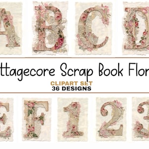 Cottagecore scrapbook Soft floral alphabet clipart bundle Vintage lace fabric Letters Digital Download