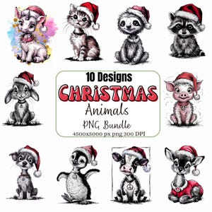 Cute Baby Animals with Santa Hat Bundle, Digital Download, Christmas Sublimation, Cute Farm Animal Art PNG, Holiday Digital Art Print