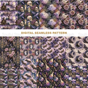 Seamless Digital Pattern Pack, Gothic Floral Skulls, Moon Phases, Vintage Roses, Celestial Print, Fabric Design, Wallpaper, Scrapbooking