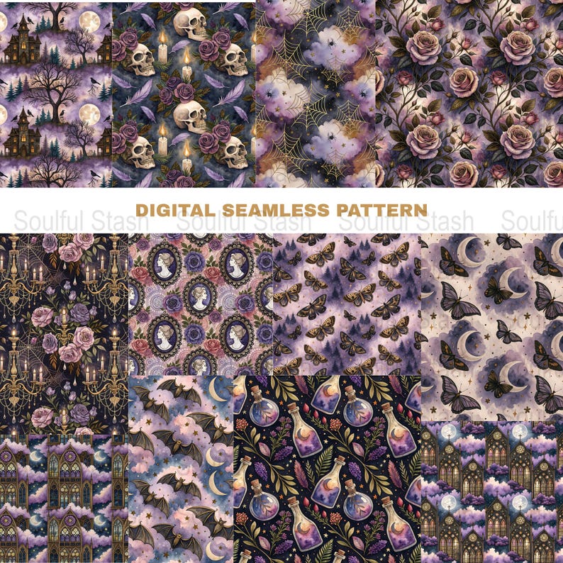 Seamless Digital Pattern Pack, Gothic Floral Skulls, Moon Phases, Vintage Roses, Celestial Print, Fabric Design, Wallpaper, Scrapbooking