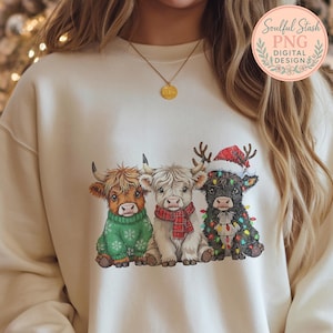 Rustic Highland cows Christmas PNG trio, cozy winter cows in sweater, scarf, and lights, farmhouse holiday sublimation download
