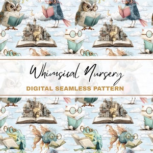 Może przedstawiać: Kapryśny cyfrowy bezszwowy wzór z sowami, ptakami, kotami, żabami i rybami w okularach i czytającymi książki. Zamek znajduje się na otwartej książce. Wyświetlany jest tekst "Whimsical Nursery" i "Digital Seamless Pattern".