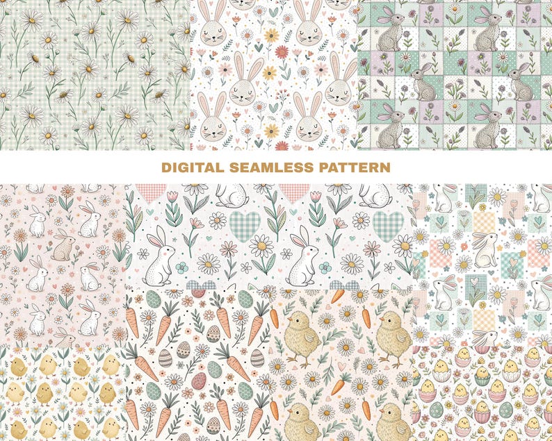 a collection of nine different patterns featuring rabbits, carrots, and other Easter-themed elements. The patterns are arranged in a grid format, showcasing a variety of colors and designs. The text "DIGITAL SEAMLESS PATTERN" is displayed in the top center of the image, indicating the theme of the collection.